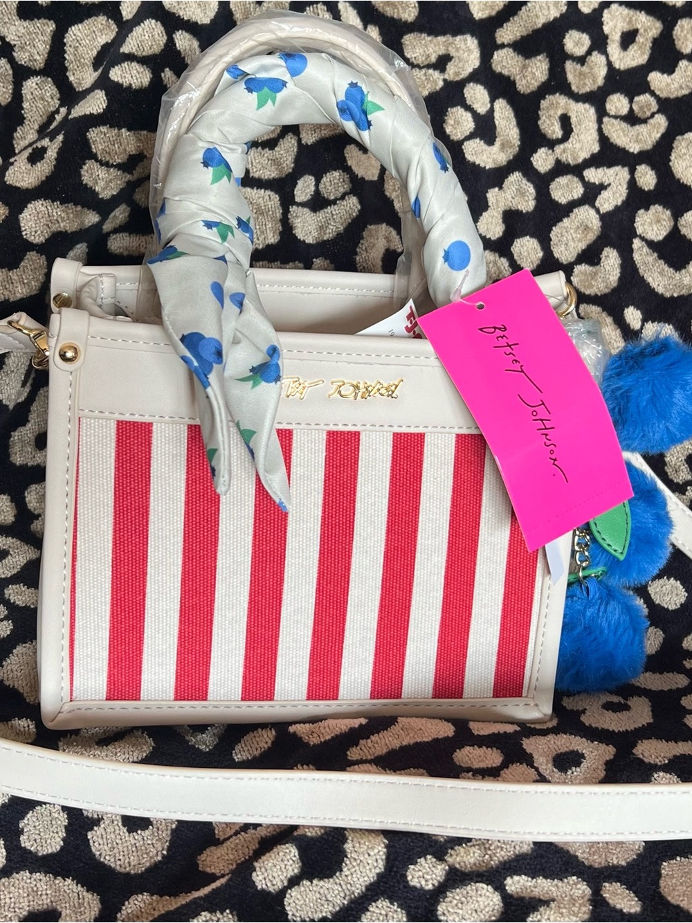 Betsey Johnson Blueberry Red and White Striped Mini Tote with Blue Pom Charm